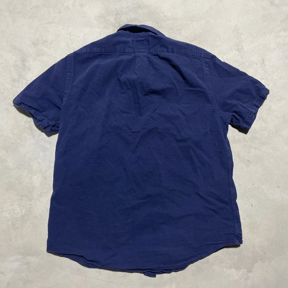 Ralph Lauren Seersucker Short Sleeve Shirt Men's SZ M Button Down Pony Navy Blue